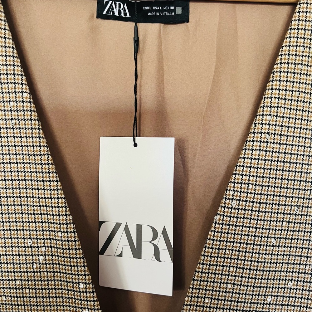 Zara Tweed Mini Dress Pleated Skirt Brown Houndstooth Sequin Detail Size L NWT - Picture 6 of 6